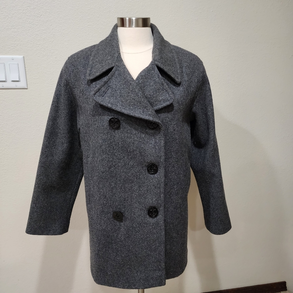 Vintage Samantha Taylor Pea Coat Gray Wool Blend Anchor Button Women's size 8